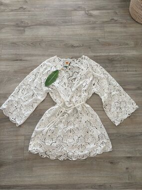 *flaw* Farm Rio Seashell Eyelet Mini Cover Up Dress in White sz M